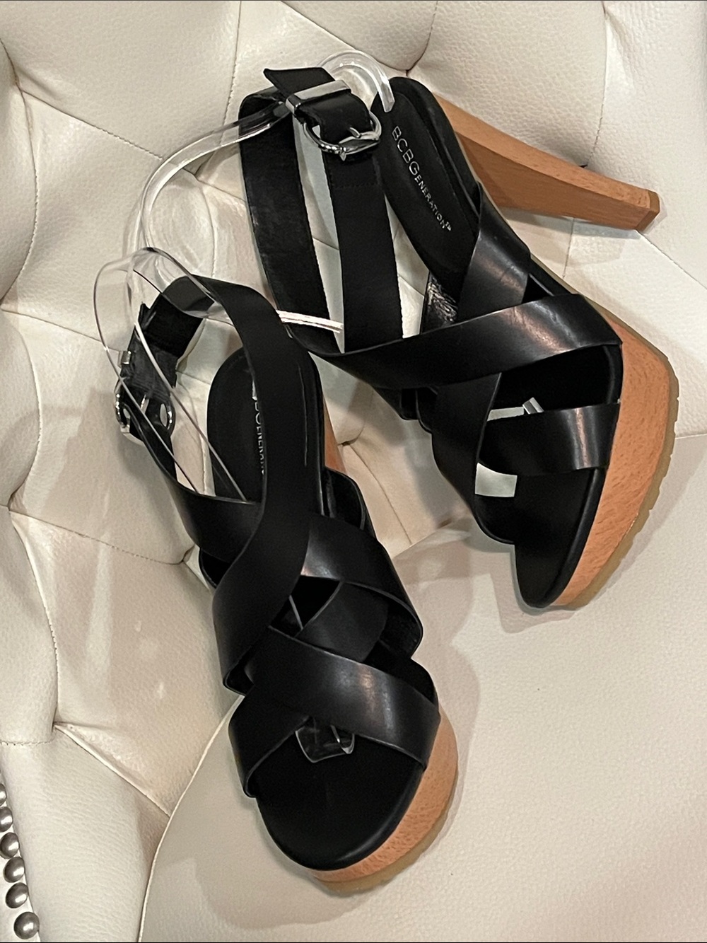 BCBGeneration Black Crisscross ankle Sandals with Tan Clog wooden Heel